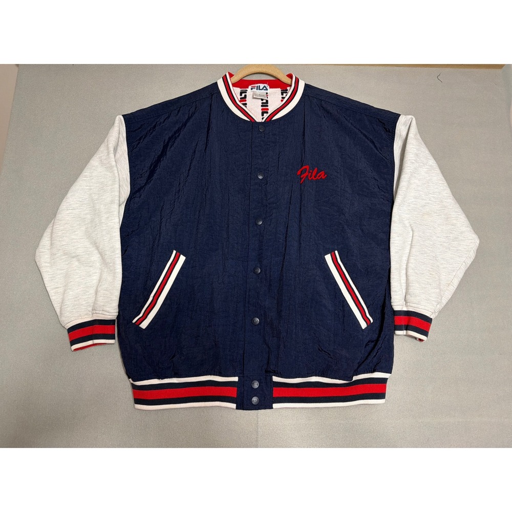Vintage Fila Varsity Bomber Jacket Navy Blue Grey Red Script Logo Mens Large